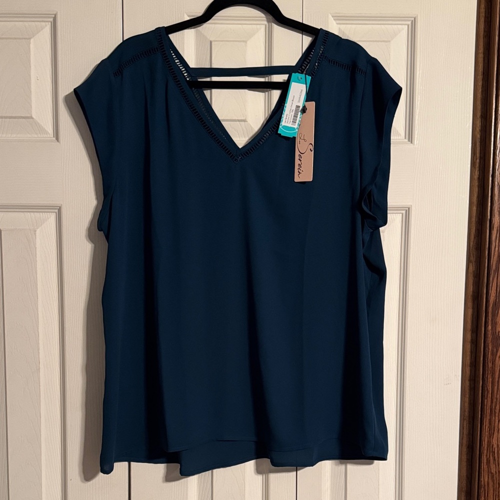Chic Teal Blue V-Neck Blouse with Crotchet Detaik